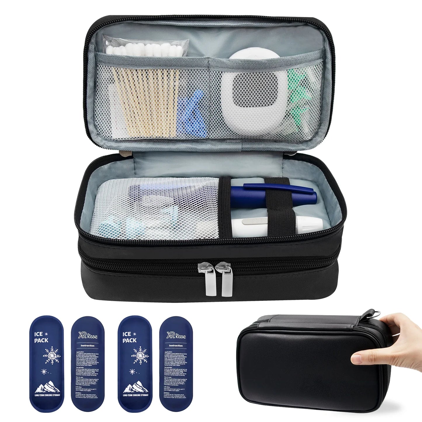 Insulin Travel Bag for Diabetics, PU Leather Double Layer Organizer Case for Insulin Pens & Test Kits with Handle Medical Storage Pouch
