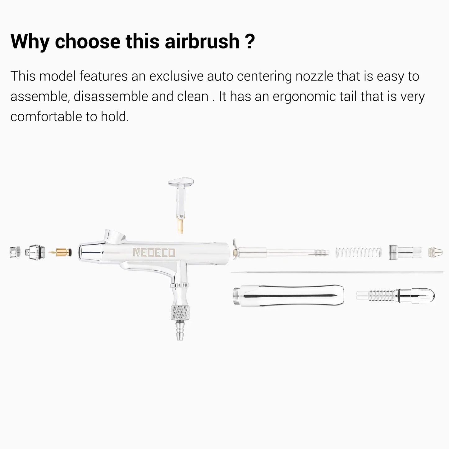 Dual-Action Airbrush with Auto-Centering Nozzle, 7cc/13cc Cups, 0.2/0.3/0.5mm Needles for Modeling, Makeup, Nail Art & Painting