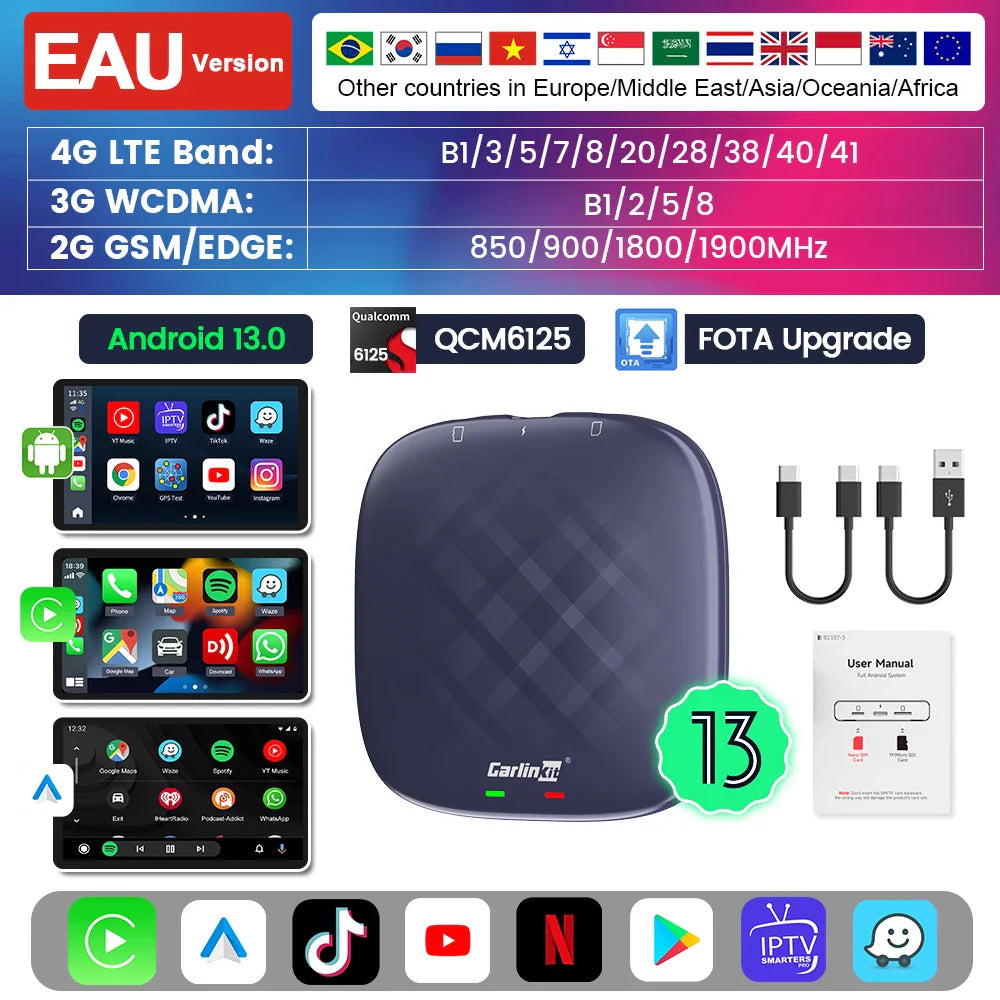 Carlinkit CarPlay AI Box — Qualcomm 6125 8-Core, Android 13, Wireless & Wired CarPlay, Android Auto for OEM Cars