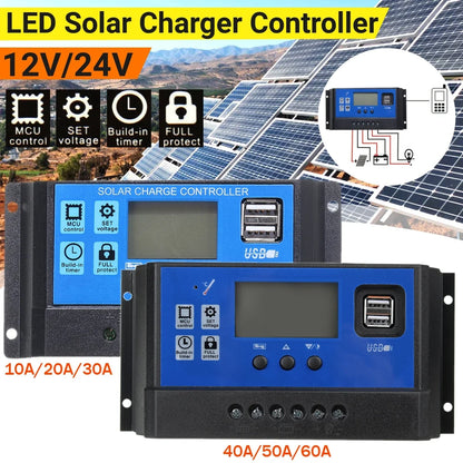 Solar Charge Controller 12V/24V PWM MPPT - LCD Display Battery Regulator with Timer Settings (10A–100A)