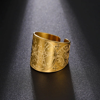 Witchcraft Pentagram Tetragrammaton Ring - Stainless Steel Pentacle Protection Amulet Ring for Men