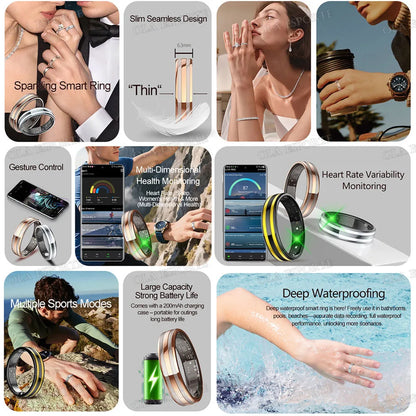Ultra-Thin 6.3mm Smart Ring Health Monitor – Waterproof Fitness Ring with Heart Rate, Body Temperature & Sports Tracking for Men & Women