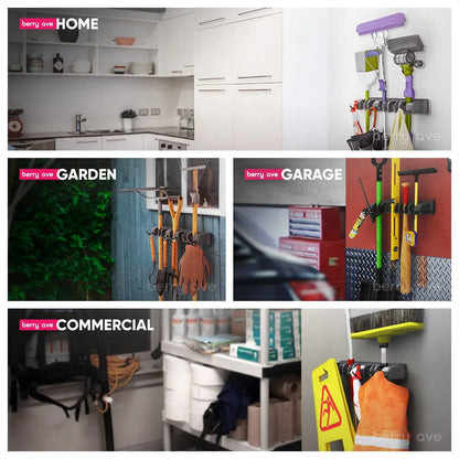Wall Mounted Mop Holder - 3/4/5 Position Multi-Functional Broom Hanger Shelf for Home Kitchen Storage, Black Magic Plastic Mop Holder