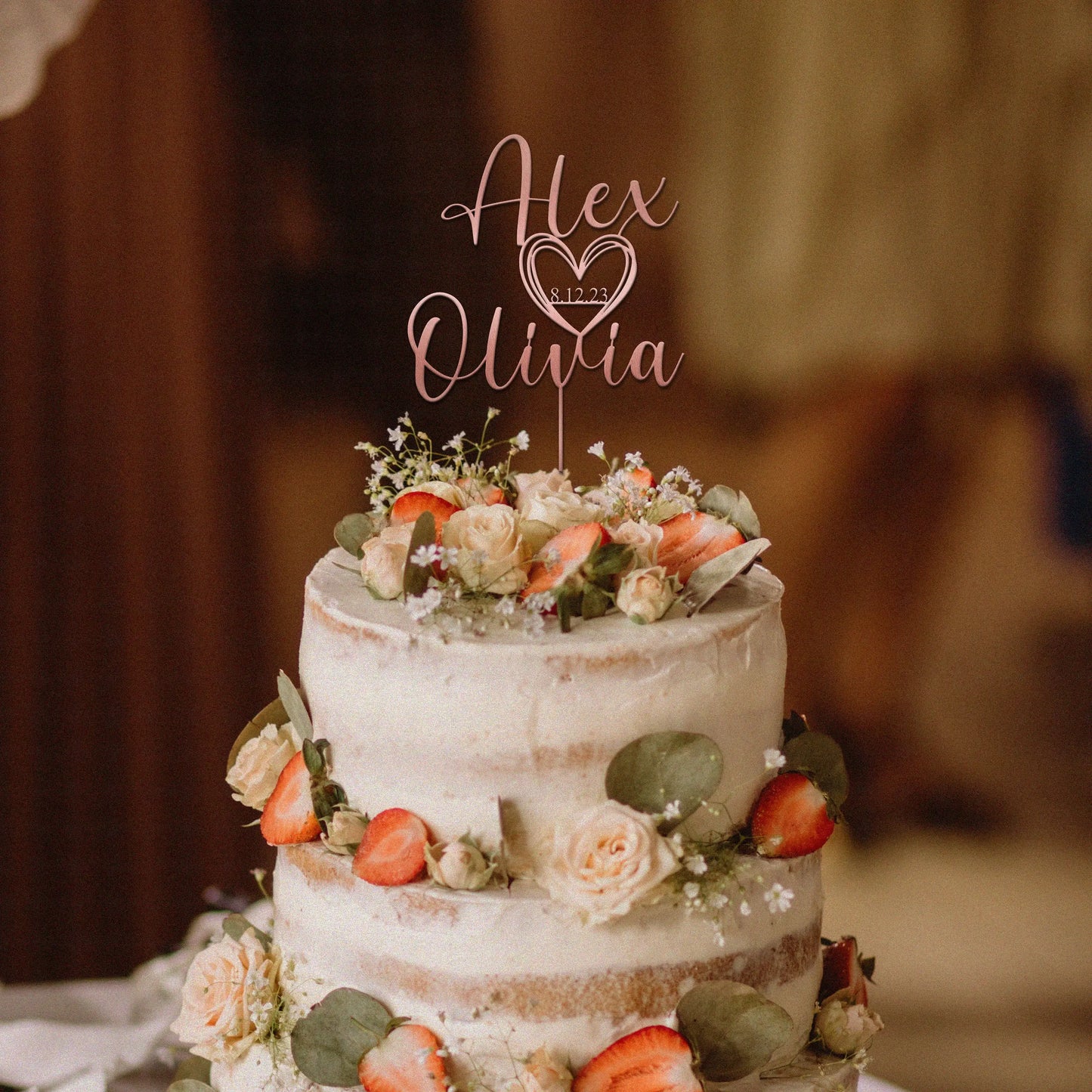 Personalized Acrylic Wedding Cake Topper – Custom Script with Date, Rustic Party Cake Decoration
