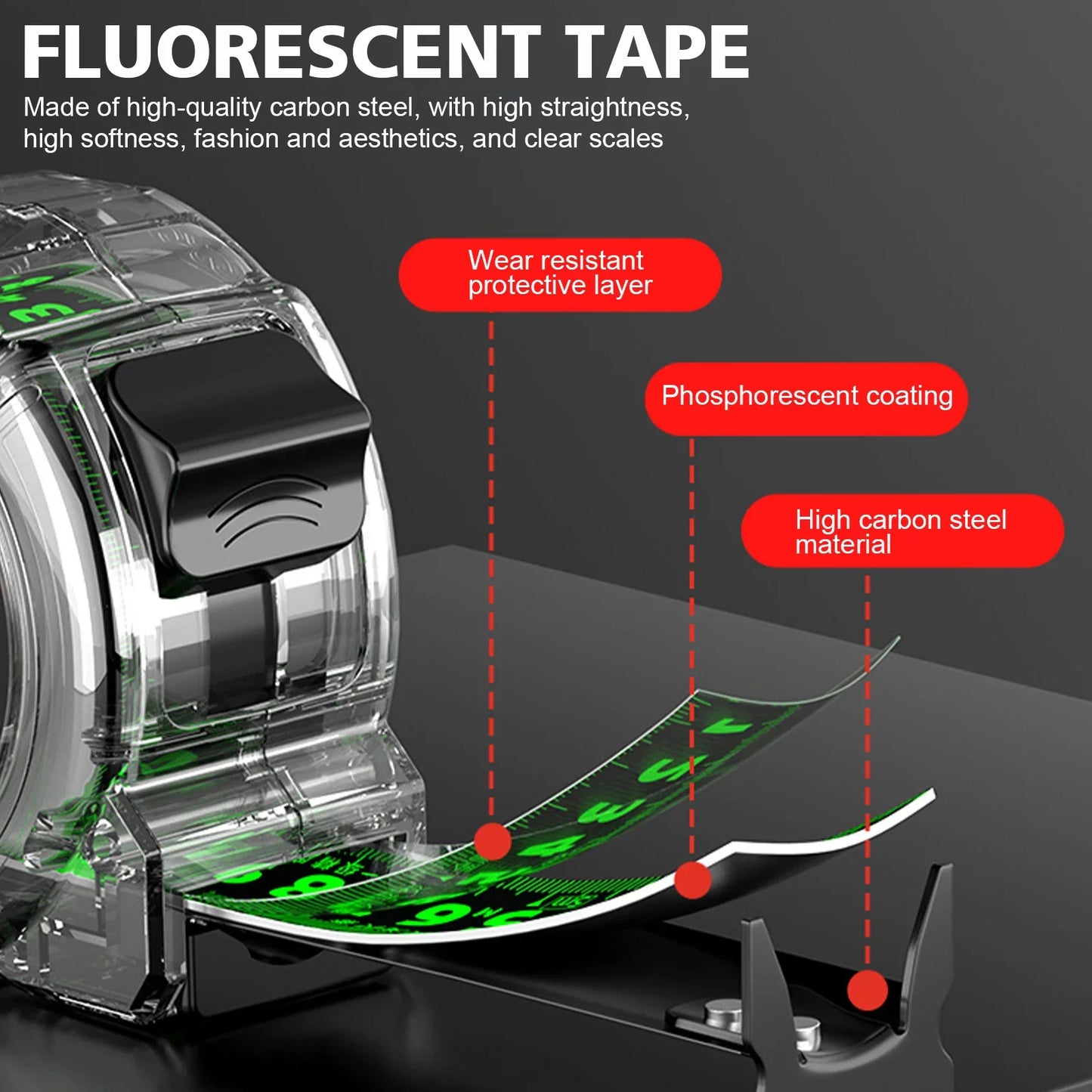 10M Self-Locking Tape Measure - High Precision, Wear-Resistant, Drop-Proof Black Fluorescent Tape Measure