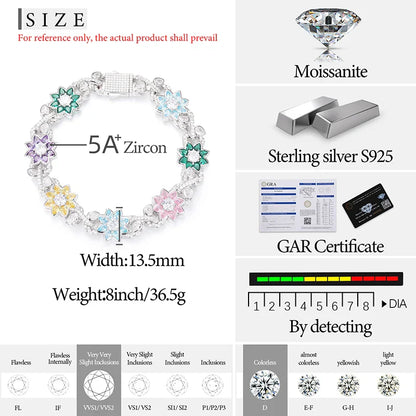 New Iced Out Moissanite Chain Necklace & Colorful Flower Bracelet – Hip Hop S925 Silver, 18K Plated Jewelry for Men & Women