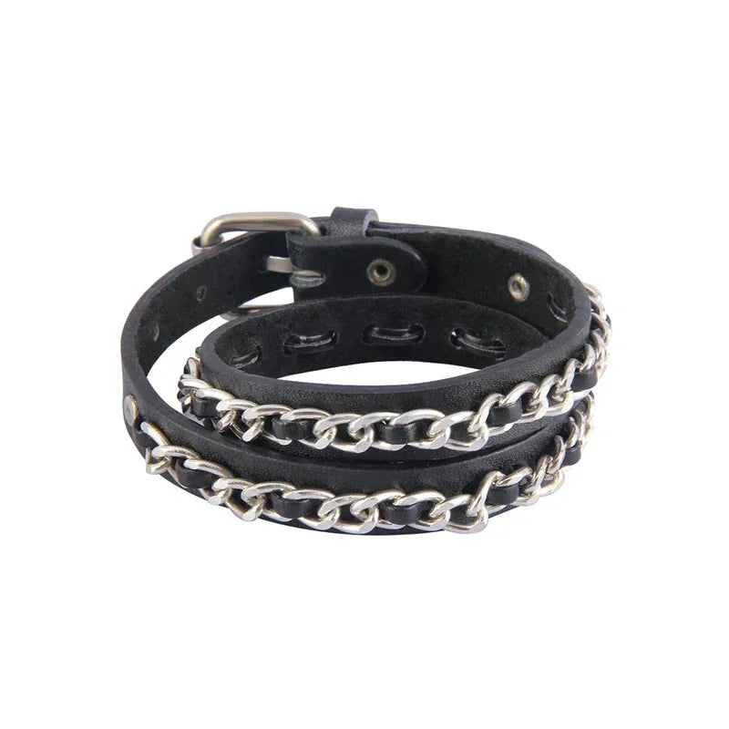 Punk Rock Hip Hop PU Leather Bracelet – Unisex Skull, Pentagram & Rivet Chain Bracelet, Trendy Party Jewelry Accessory