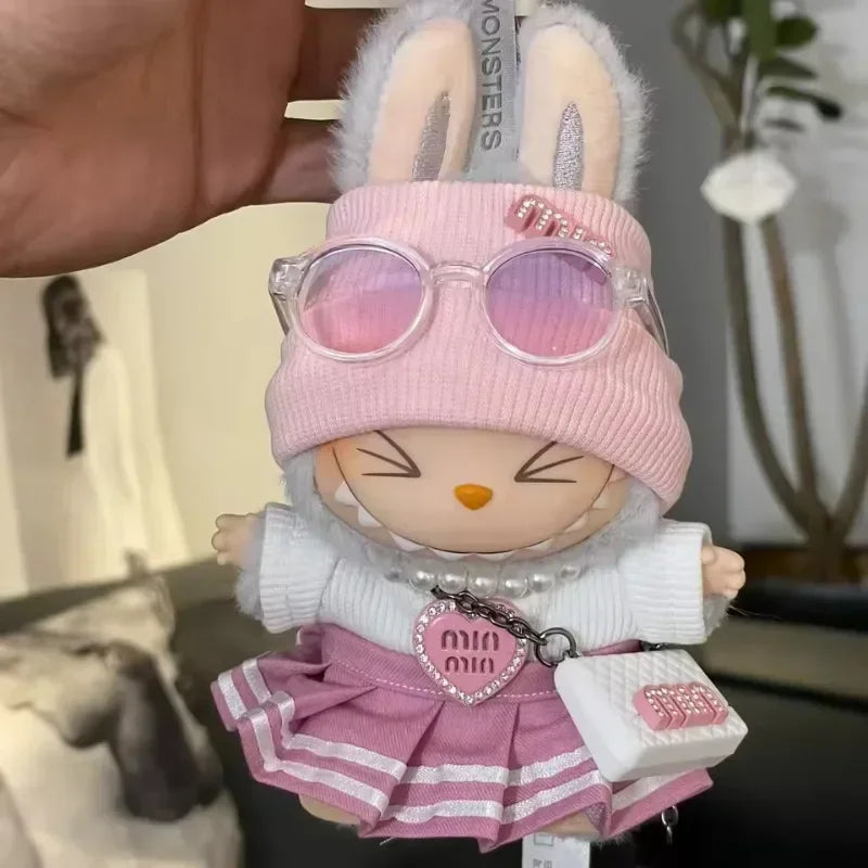 17cm Labubu Doll Clothes – Kpop EXO-Inspired Women’s Group Uniform Set with Skirt, Sweater & Colored Sunglasses