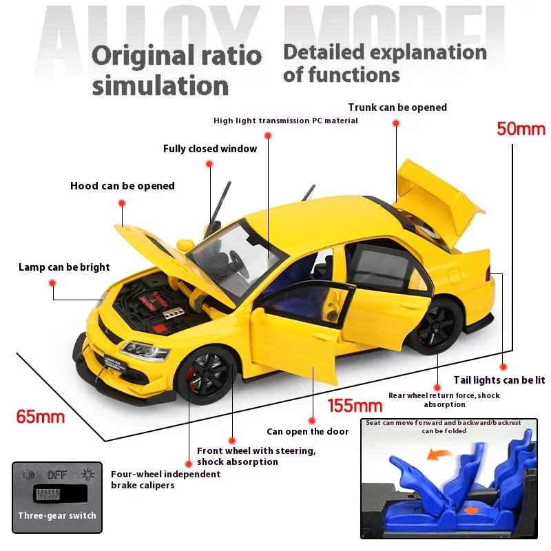 JDM 1:32 Mitsubishi Lancer Evolution IX — Diecast Metal Alloy Racing Car Model with Sound & Light, Right Rudder Gift