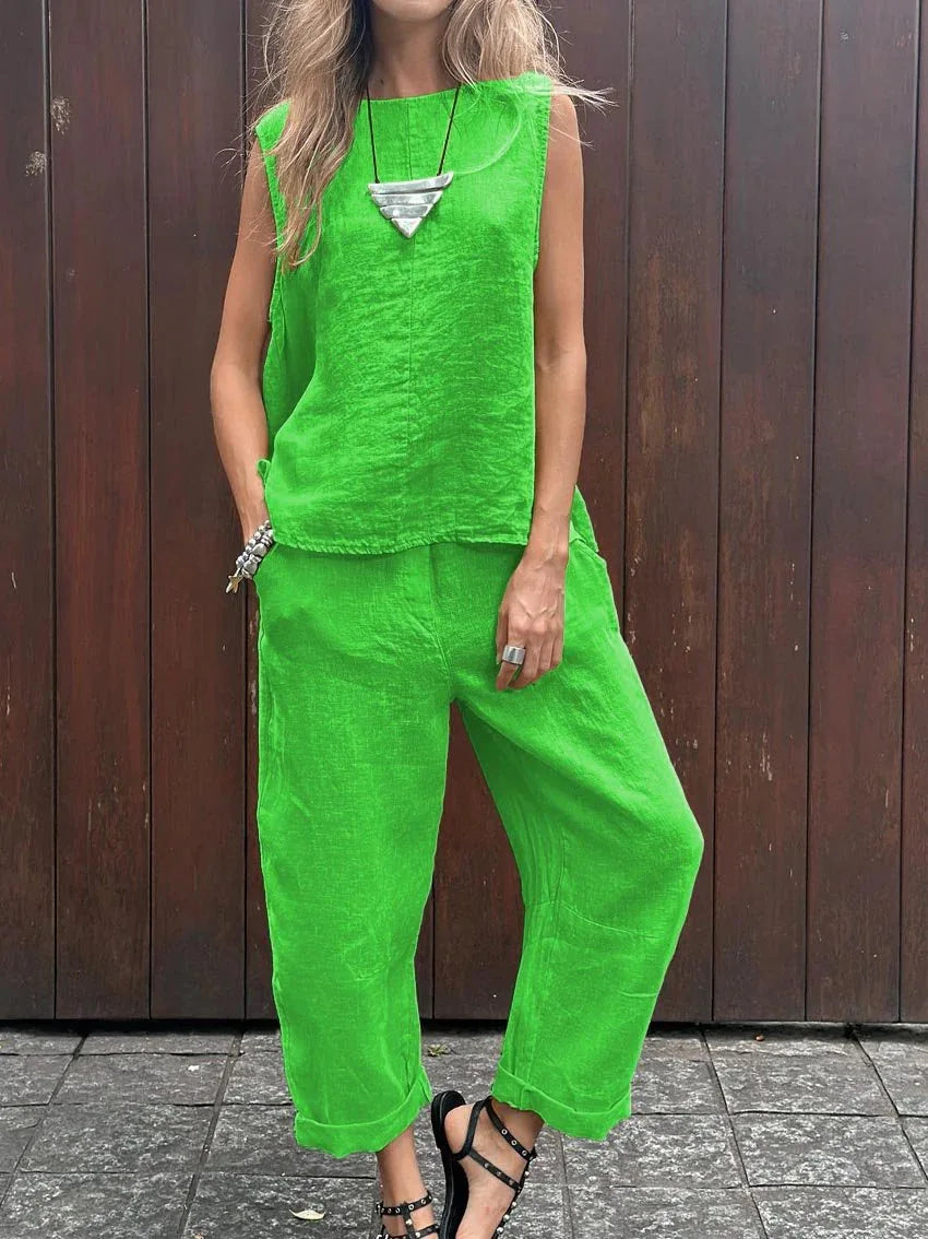Women Summer Cotton Linen 2-Piece Set – Sleeveless Solid Color Top & Trousers Casual Fashion Outfit Suit