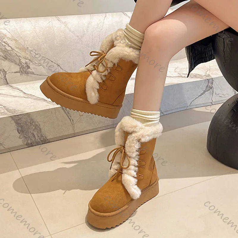 Comemore Women’s Winter Fur Snow Boots – Lace-Up Fluffy Plush Platform Ankle Boots with Thick Cotton Padding