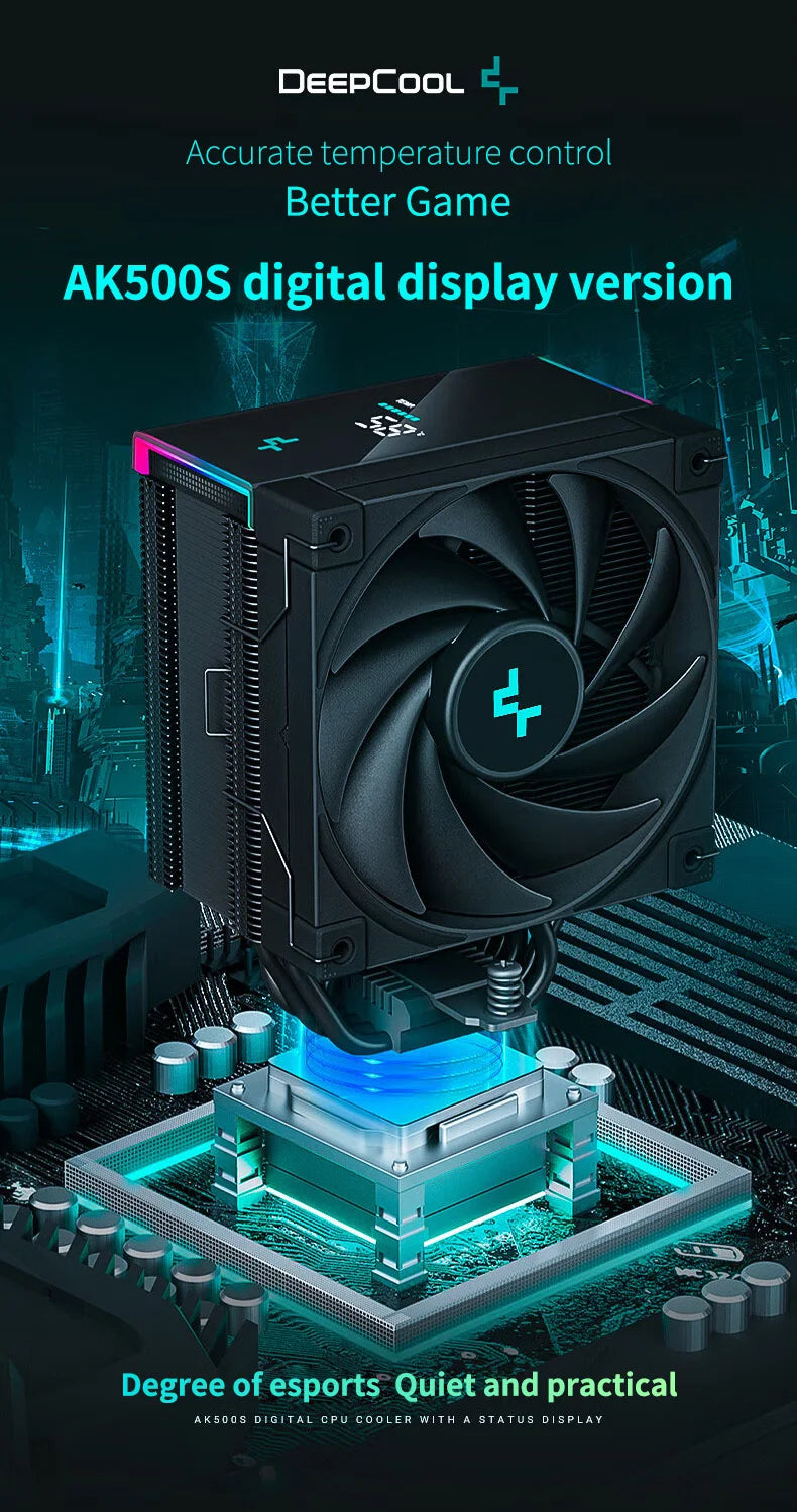 DeepCool AK500S Digital Display CPU Cooler - 5 Heat Pipes, 240W TDP, Compatible with LGA1700/1200/115X/AM4/AM5