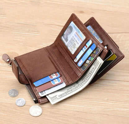 Luxury Leather Men’s Short Wallet – RFID Card Holder with Zipper Coin Purse Portable Billfold