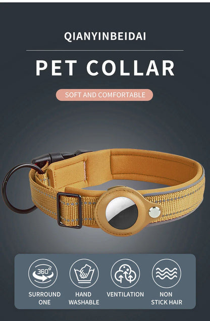 Reflective Heavy-Duty Dog Collar with Adjustable AirTag Holder — For Small, Medium & Large Dogs