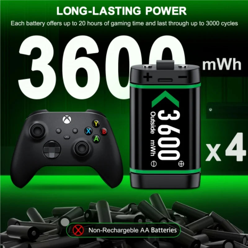 Rechargeable 3600mWh Battery Pack for Xbox One & Xbox Series X/S Controllers – Charging Accessory Set (4 Pack)