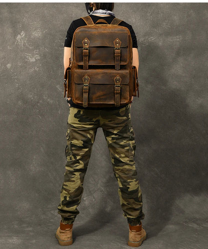Vintage Crazy Horse Leather Backpack for Men — 17" Laptop Travel Rucksack Cowhide Hiking Bag M815