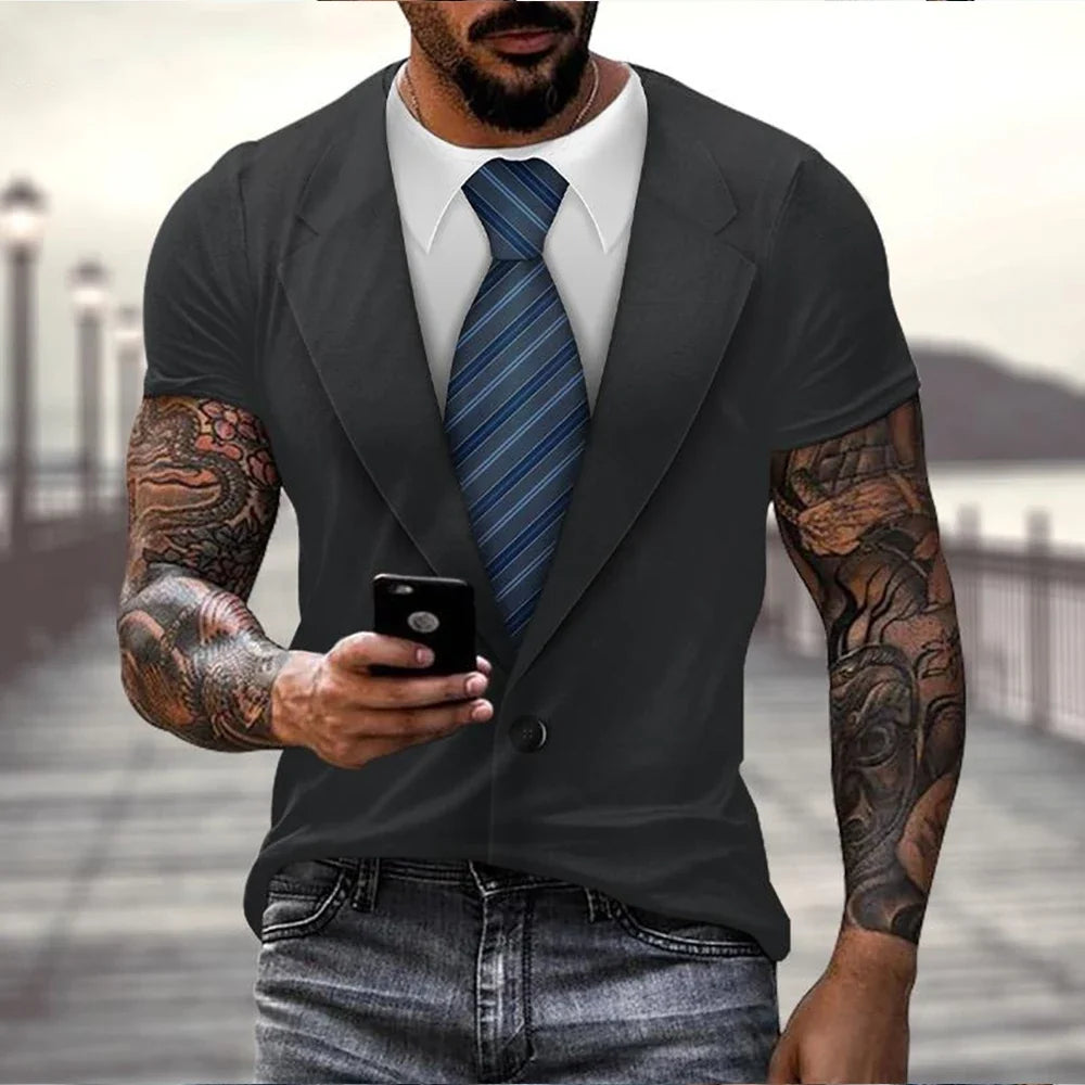 3D Fake Suit T-Shirt - Funny Tailcoat & Bow Graphic Summer Casual Tee