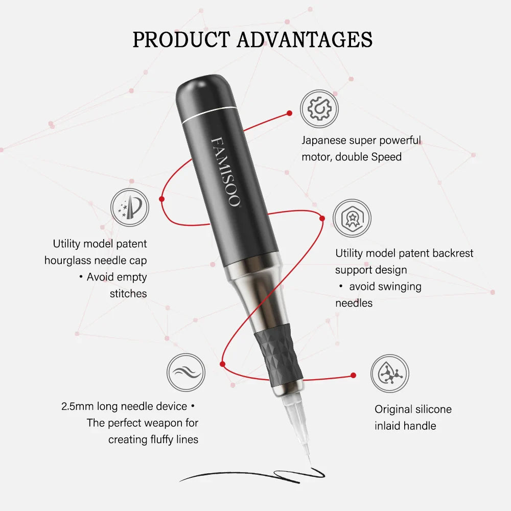 FAMISOO Professional Permanent Makeup Tattoo Machine Kit – Eyebrow, Eyeliner, Lip & Body with 6 Pigment Needles