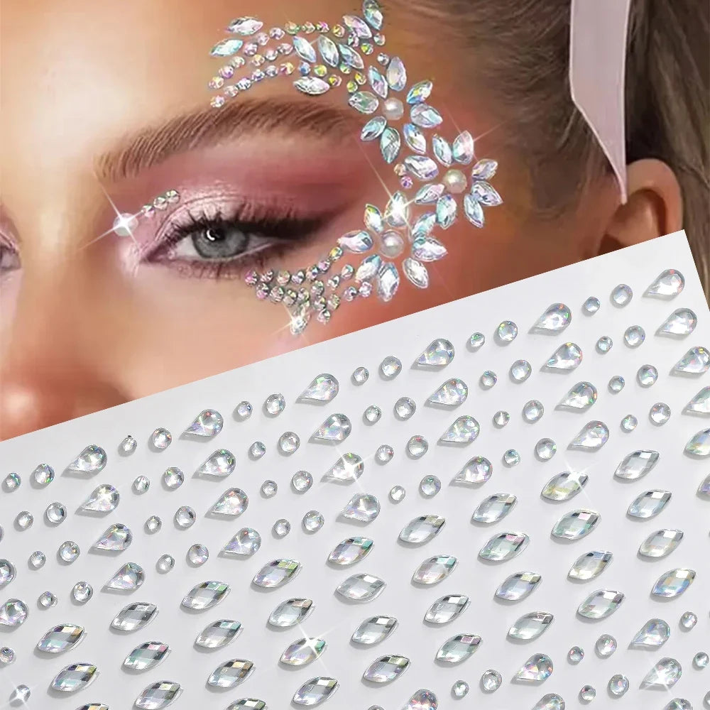3D Holographic Teardrop Rhinestone Stickers - Self-Adhesive Crystal Diamond Face, Eye & Hair Decoration Tattoos
