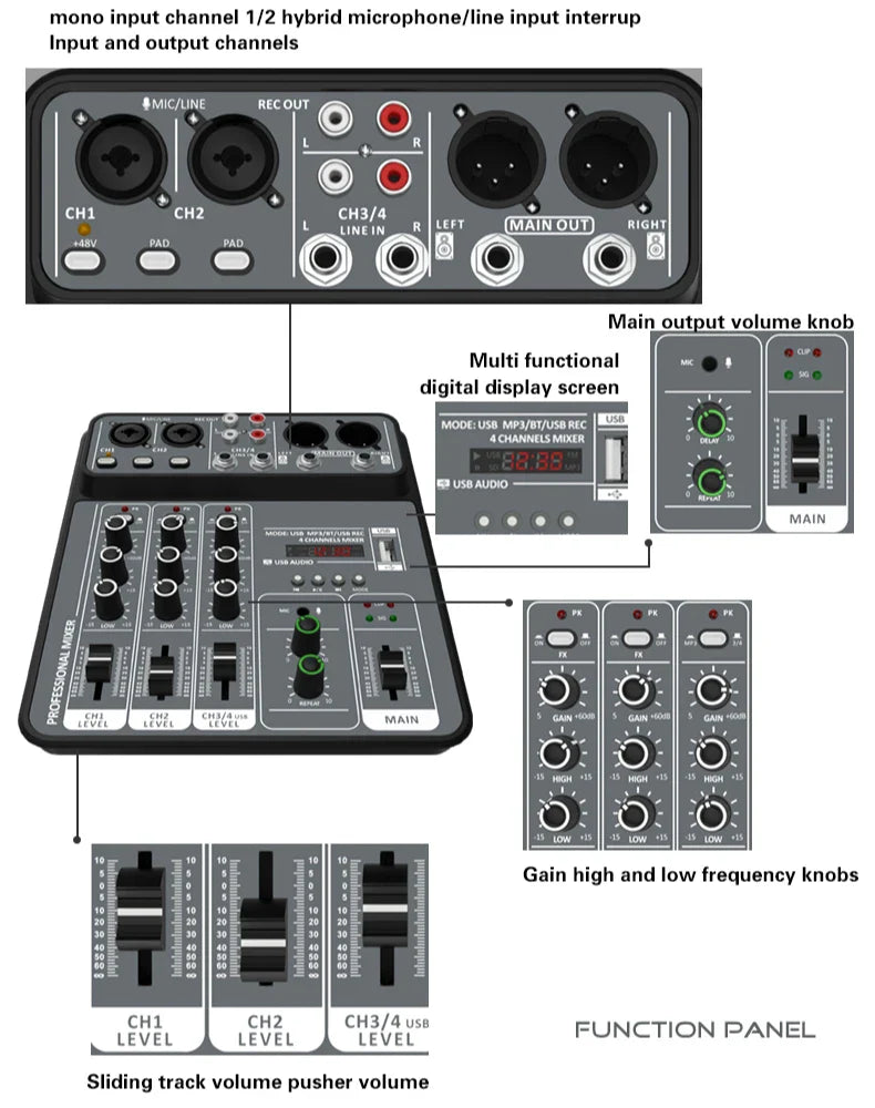4-Channel Audio Mixer — USB Studio Mixer with 48V Phantom Power & Bluetooth for DJ & Karaoke