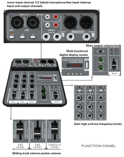 4-Channel Audio Mixer — USB Studio Mixer with 48V Phantom Power & Bluetooth for DJ & Karaoke