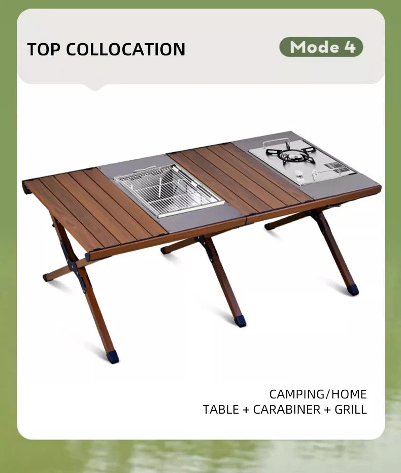 Hispeed Outdoor Camping Folding IGT Table – Multifunctional Wood Table with Gas Stove for BBQ, Picnic & Camp Grill