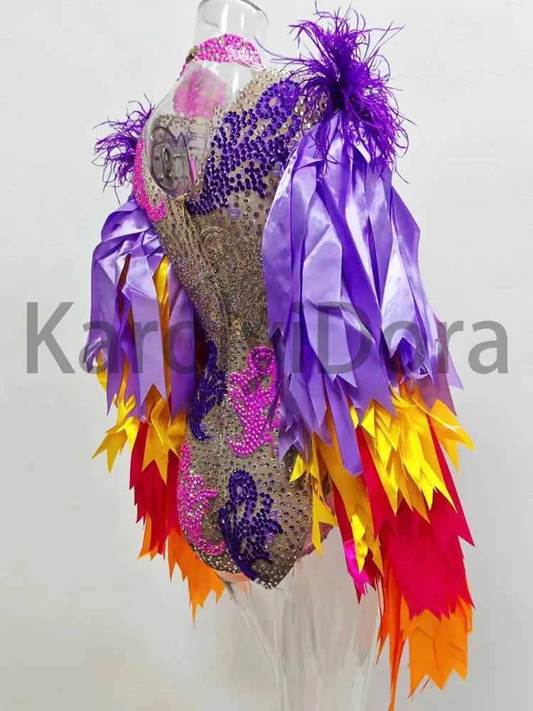 Colorful Feather Sleeve Rhinestone Bodysuit – Women’s Nightclub Party Dance Performance Costume