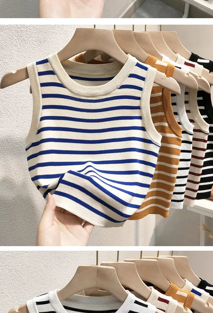 Women's Striped Sleeveless Tank Top — Knitted Crop Summer & Spring Casual Slim Fit Vest Camis