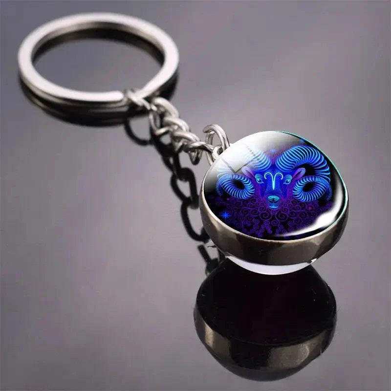 S12 Constellation Keychain – Luminous Double-Sided Zodiac Glass Ball Pendant for Men & Women