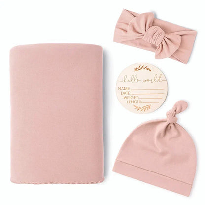 Newborn Baby Swaddle Blanket Set - Receiving Blanket with Matching Headband & Beanie (4-Piece Set)