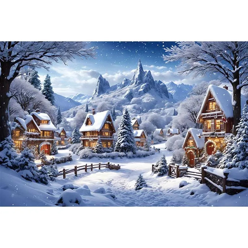 MOON.QG Christmas Santa Claus Village Backdrop – Holiday Photo Studio Background with Trees & Gifts for Home Decoration