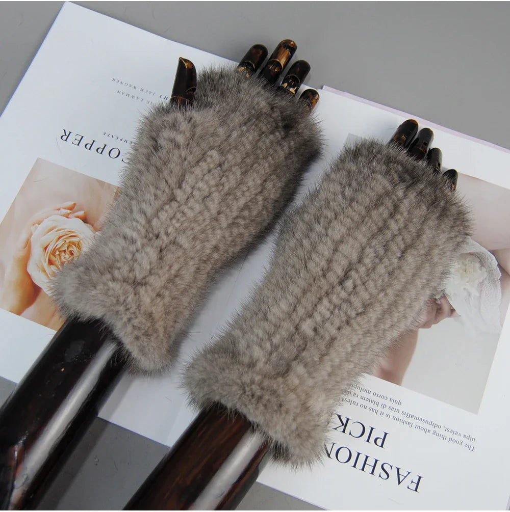 Women’s Winter Mink Fur Gloves – 100% Natural Fingerless Knitted Mittens for Warmth