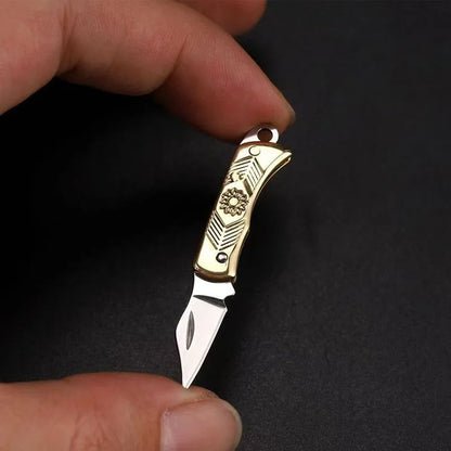 Mini Brass Knife Keychain - Stainless Steel Folding Cleaver Pendant Pocket Tool
