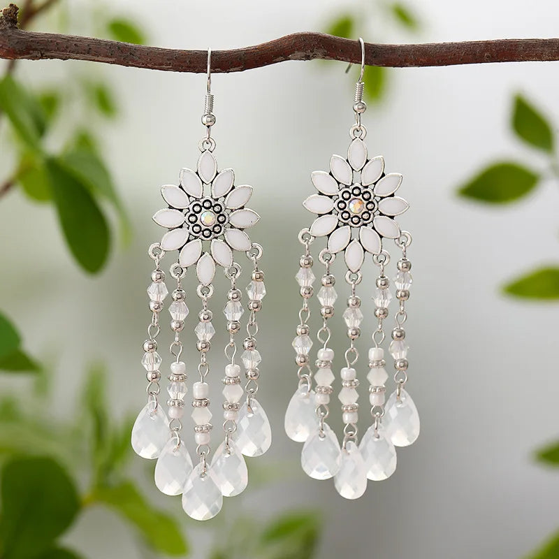 Bohemian Water Drop Tassel Earrings - Vintage Crystal Bead Long Dangle Jewelry for Women