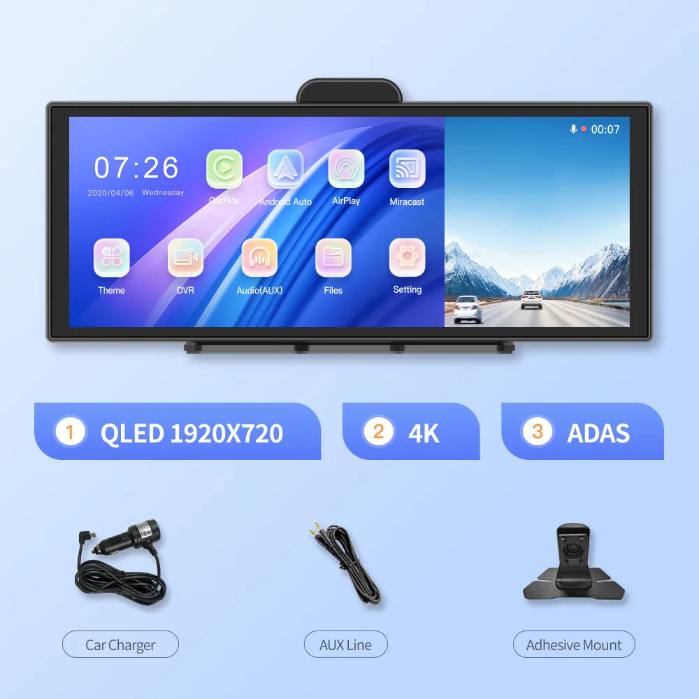 Imagebon 11.4″ H70 Pro 4K QLED Dash Cam - Wireless CarPlay & Android Auto, Dual Recording, Night Vision Car DVR