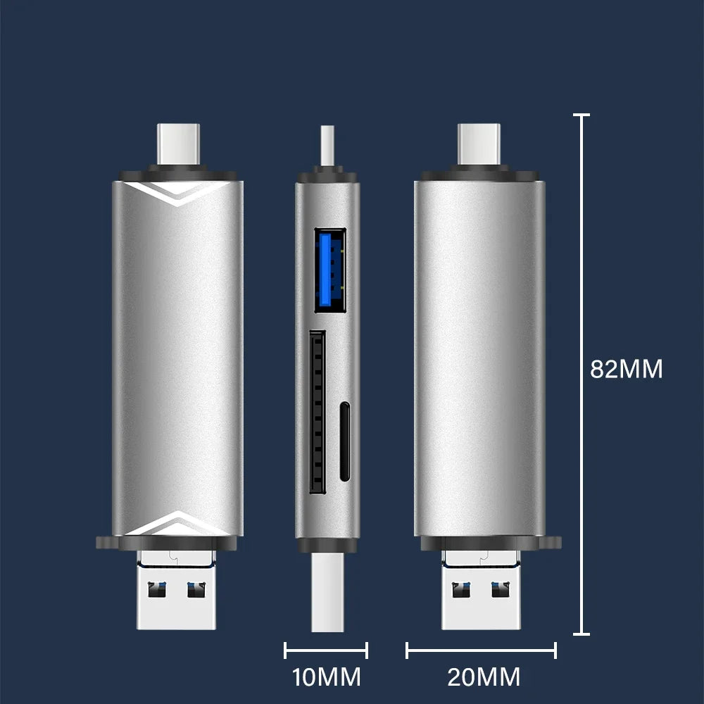 JASTER 6-in-1 USB 3.0 Card Reader – Type-C/USB TF/SD Adapter Flash Drive for Phone & Laptop