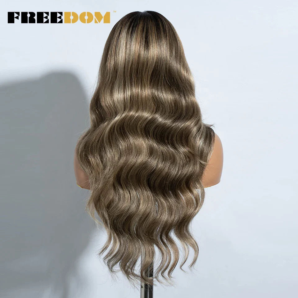 FREEDOM 26-Inch Synthetic Lace Front Wig for Women — Honey Brown Body Wave with Ombre Blonde Highlights, Cosplay & Fashion Wig