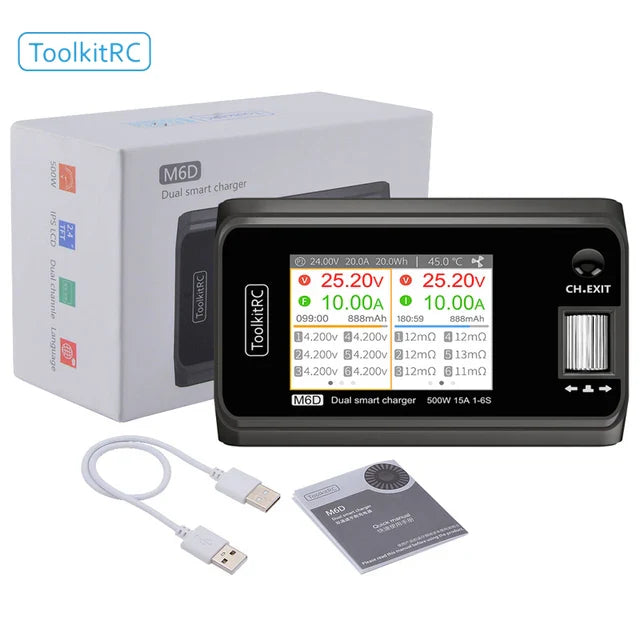 ToolkitRC M6D 500W 15A Dual Channel MINI Smart Charger Discharger for 1-6S LiPo Batteries with SC100 XT60 & Charging Board