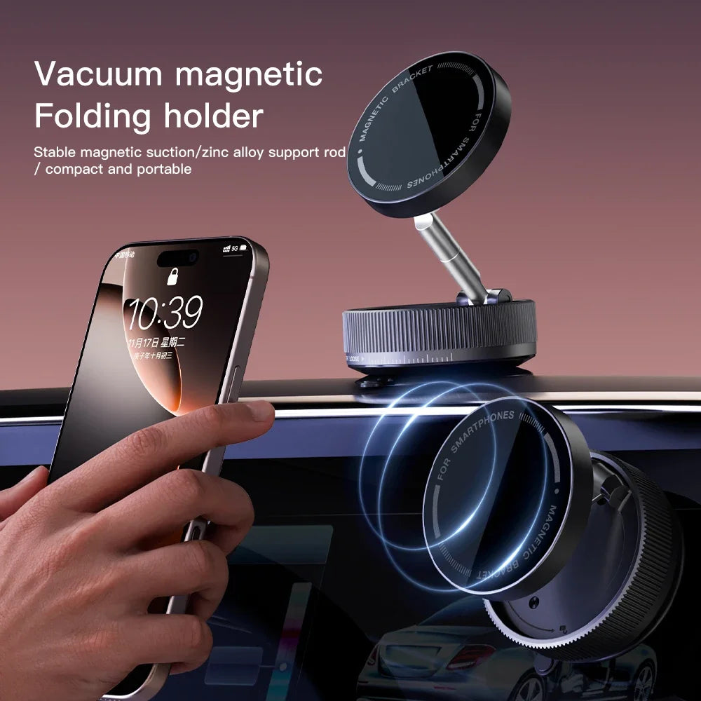 Vacuum Suction Magnetic Phone Holder – 360° Rotating Hands-Free Foldable Car & Smooth Surface Mount