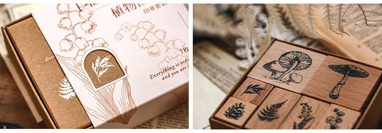 Yoofun 7-Piece Vintage Moon & Plant Wooden Stamps — Rubber Stamps for Scrapbooking, DIY Craft & Stationery