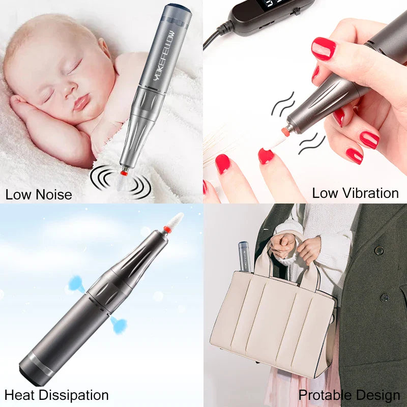 YOKEFELLOW Professional Nail Drill Kit – 35000RPM Rechargeable Electric Nail File for Manicure, Acrylic & Gel Nails