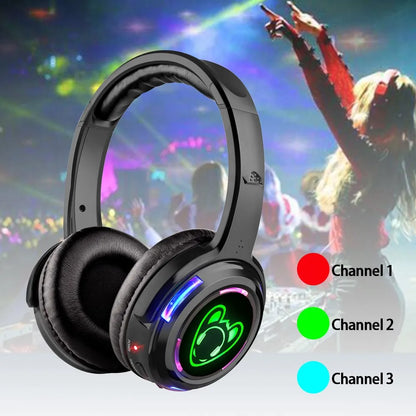 Silent Disco Complete System – Black LED Wireless Headphones Bundle with 5 Headsets & 1/2/3 Transmitters for Quiet Parties