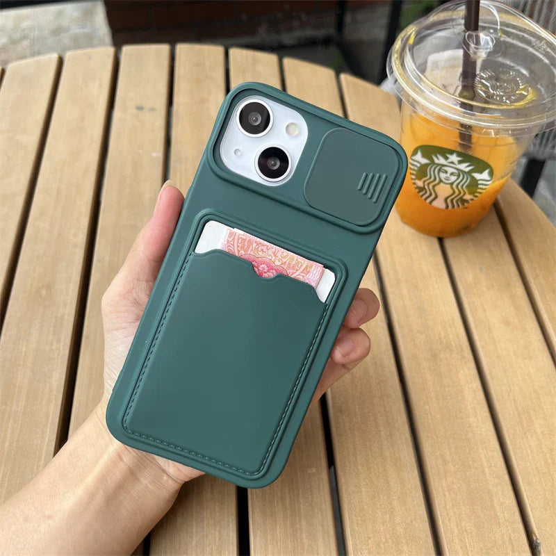 Slide Camera Protection Wallet Phone Case for iPhone – Soft Silicone Card Holder Cover for iPhone 16/15/14/13/12/11 Pro Max, XR, XS Max, 8 Plus Safety Case