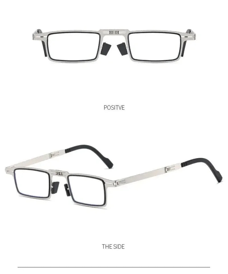 Unisex Folding Reading Glasses – Full Metal Frame, Transparent Lenses, Anti-Blue Light with Case