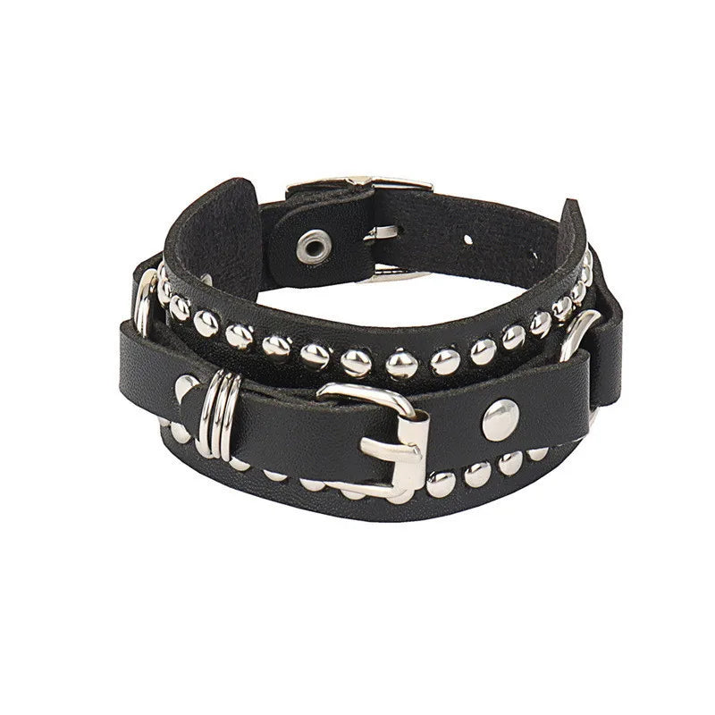 90s Punk Style Bracelet – PU Leather with 3 Rows of Spikes & Square Studs, Fashion Bangle for 2024