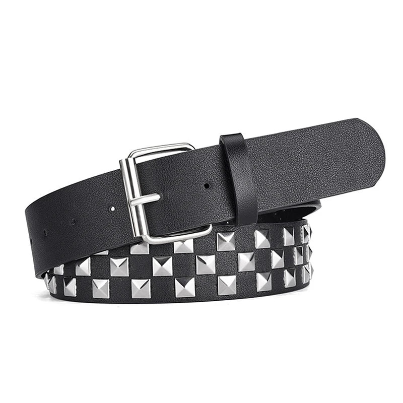 Personalized Rivets Checkerboard PU Leather Belt – 107CM Universal Hip-Hop Punk Fashion Belt for Men & Women
