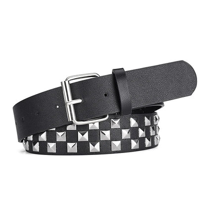 Personalized Rivets Checkerboard PU Leather Belt – 107CM Universal Hip-Hop Punk Fashion Belt for Men & Women