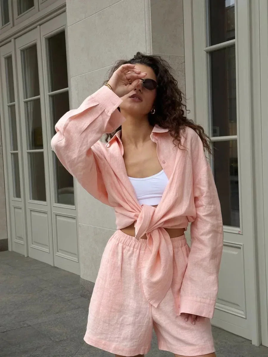 Bornladies Women’s Cotton Two-Piece Set – Solid Color Long Sleeve Shirt & Elastic Waist Shorts for Casual/Vacation