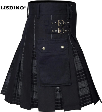 Men's Utility Hybrid Kilt - 100% Cotton Denim Tartan Style Box Pleated Traditional Kilt