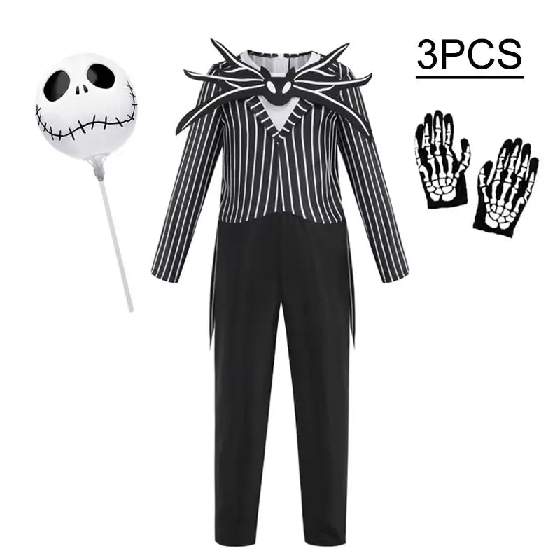 Jack Skellington Costume for Kids - Striped Halloween Cosplay Dress-Up Set